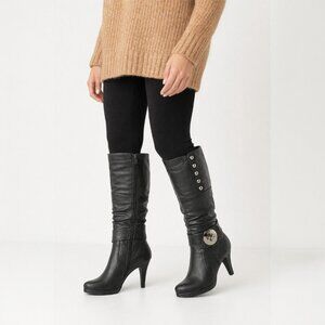Top Moda Knee-High Slouchy Faux Leather Womens Boots w/Studs & Decorative Buckle